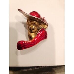 Red Hat Lady Pin / Gold-tone w Pink Crystal Flower / Elegant Design